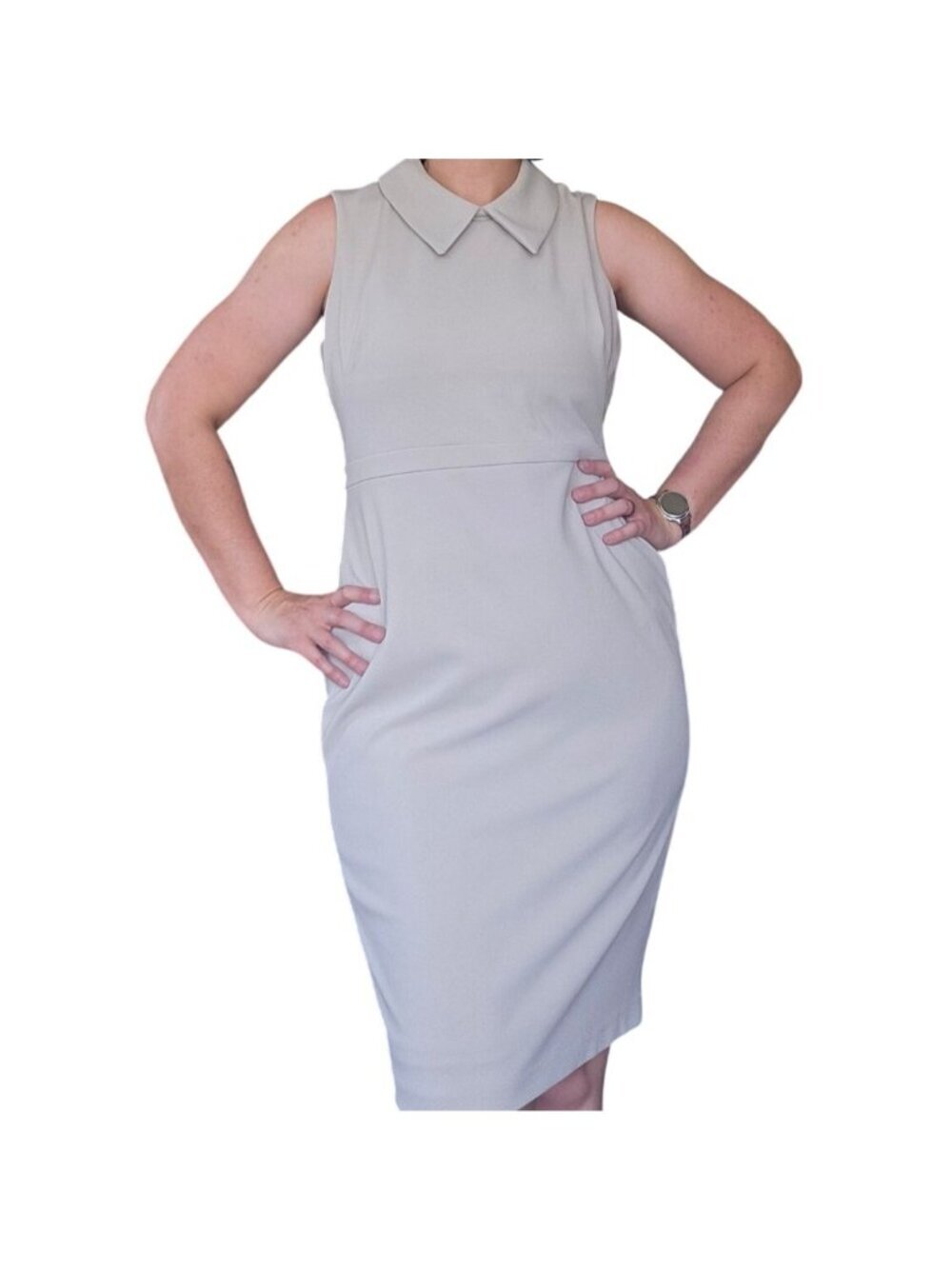 Calvin Klein Point Collar Sleeveless Sheath Dress Taupe Women Size 14 Minimalist